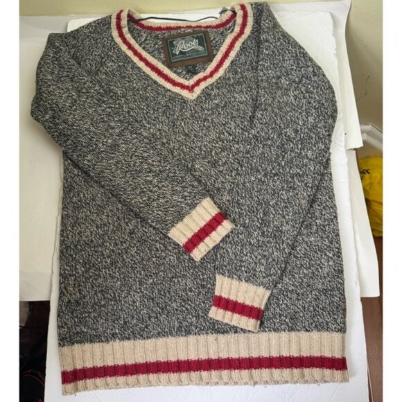 Roots Canada Cotton Cabin V Neck Knit Sweater Cozy Chucky Neutral Gray Red Tan S - Picture 6 of 15